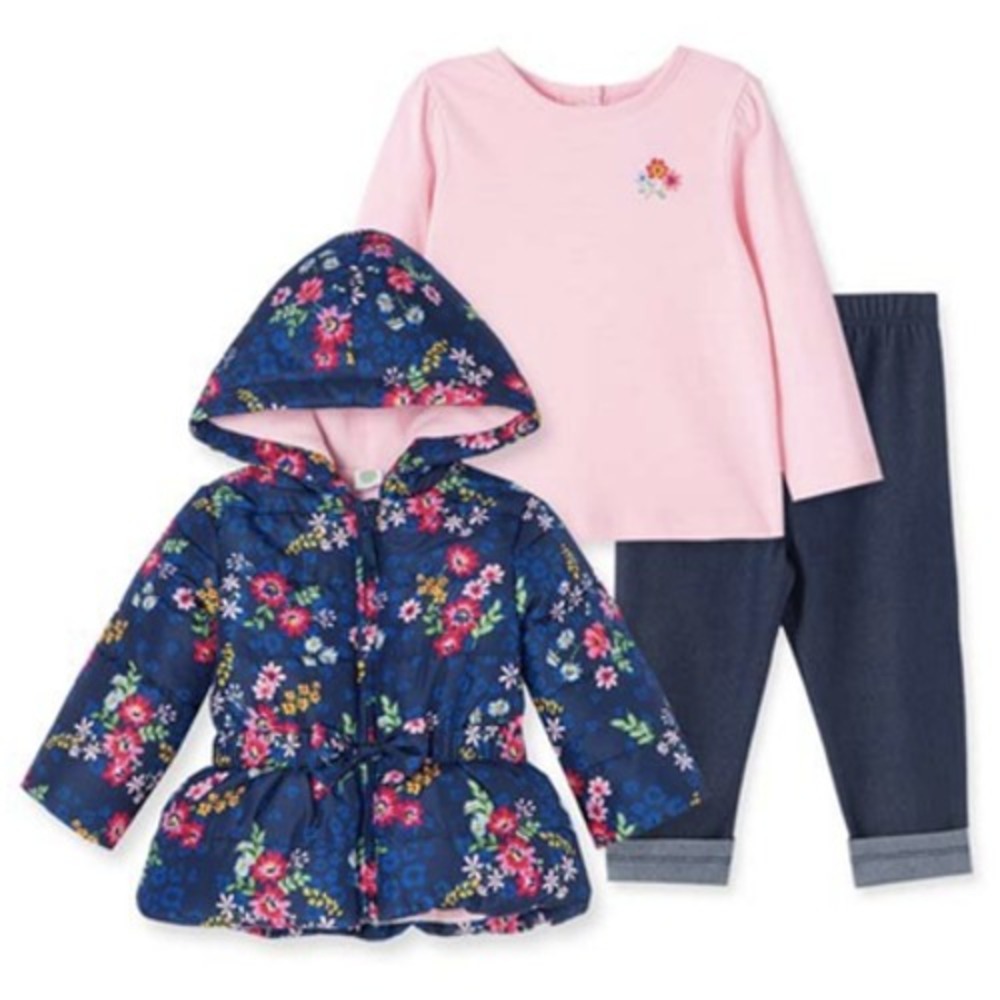 Baby Girls Jacket Shirt Pants Set 3-Piece Sz 12 MOS Navy Pink Floral NWT